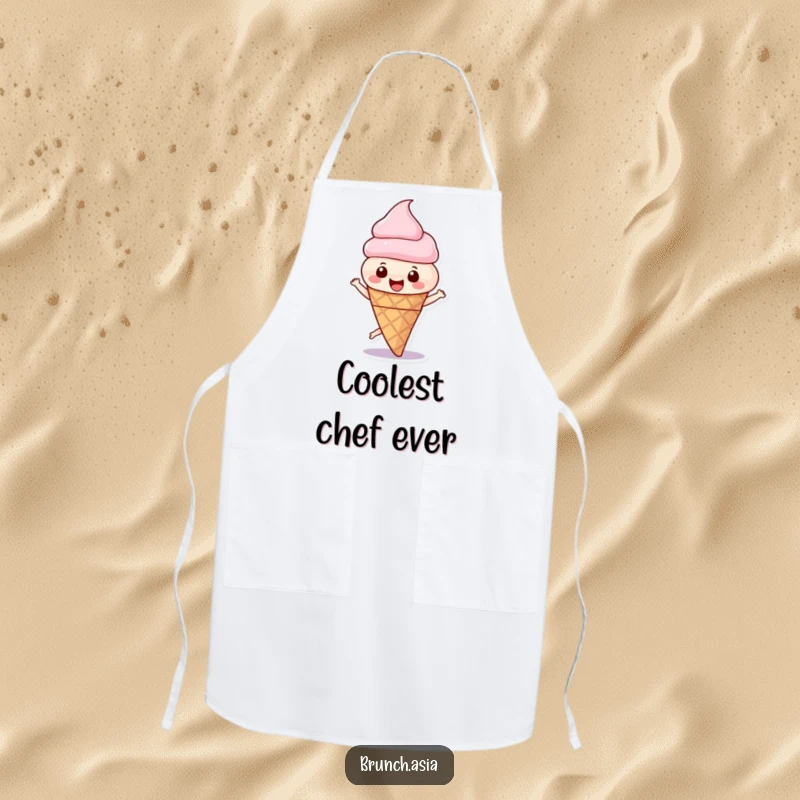 Funny ice cream cone character spinning gleefully on a kitchen apron, designed to bring cheer to cooking.