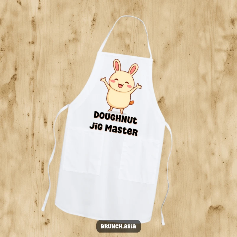 Funny bao bun character jigging enthusiastically on a kitchen apron, adding fun to cooking.