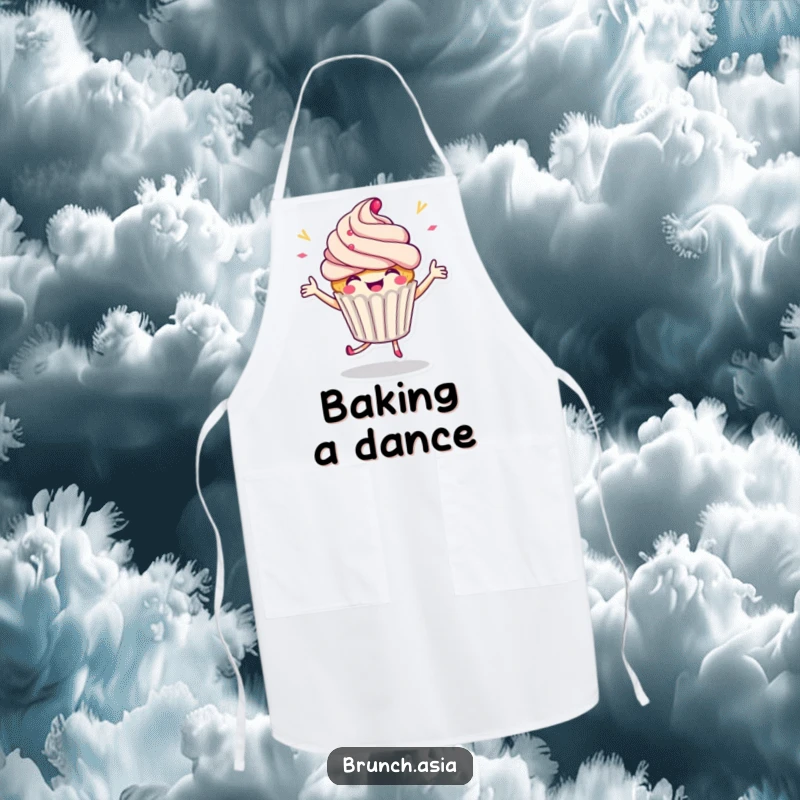Funny cupcake character dancing enthusiastically on a kitchen apron, adding fun to baking.