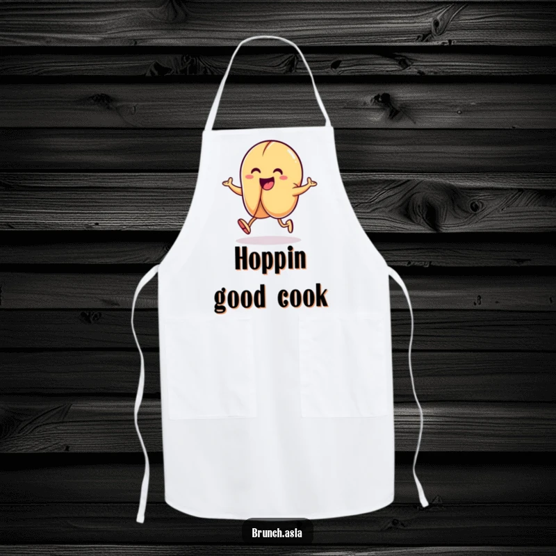 Funny fortune cookie character hopping with joy on a kitchen apron, bringing luck to meal prep.