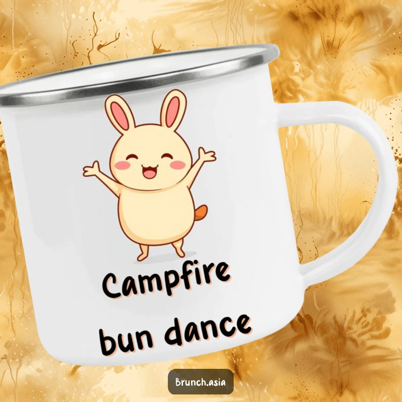 Funny bao bun character jigging on a camping mug, perfect for outdoor enthusiasts who love fun.
