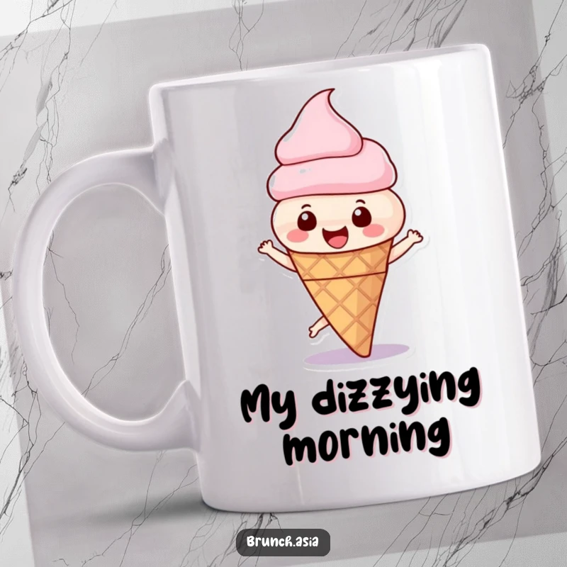 Funny ice cream cone character happily spinning in a circle, radiating pure joy and excitement, perfect for a heartwarming gift.