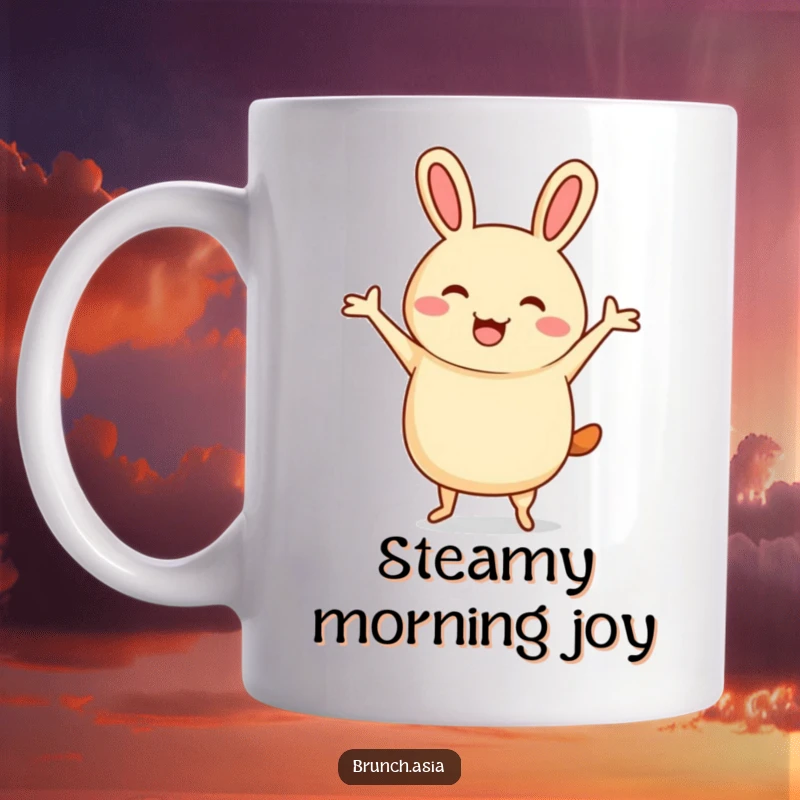 Funny bao bun character doing a cheerful jig with stick arms on a mug, radiating pure fun.