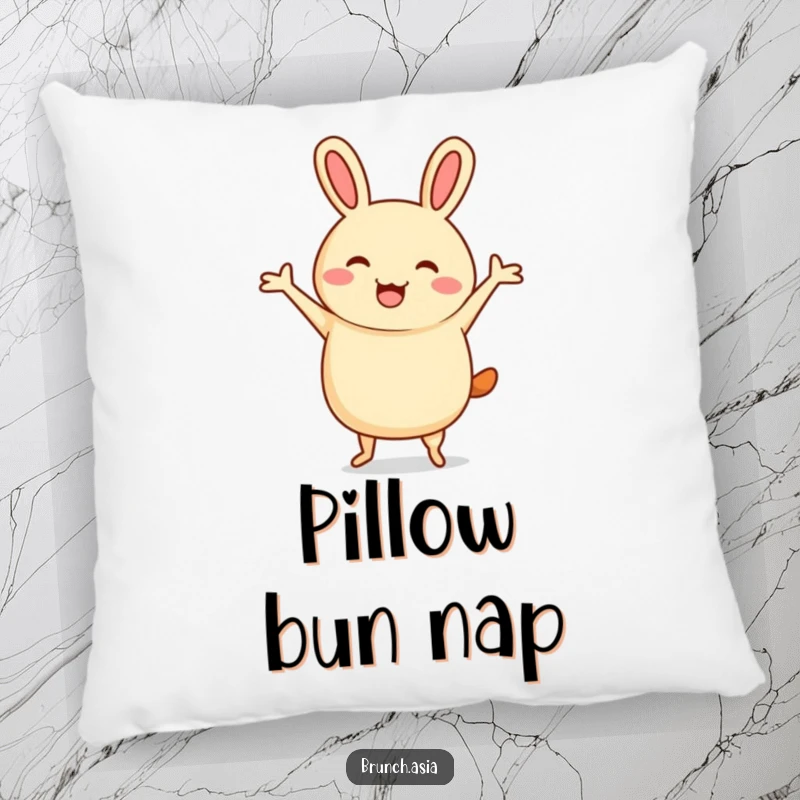 Funny bao bun character doing a cheerful jig on a soft pillow, perfect for cozy comfort.