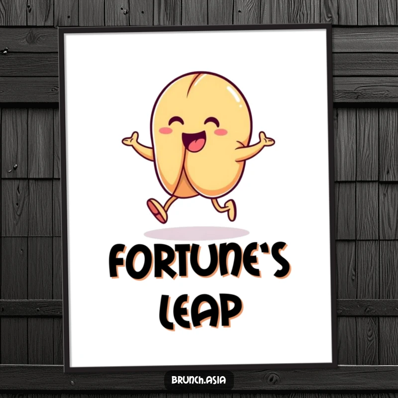 Funny fortune cookie character captured mid-hop in printable digital art, symbolizing luck and joy.