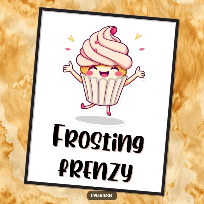 Funny cupcake character captured mid-dance in printable digital art, bringing festive energy.