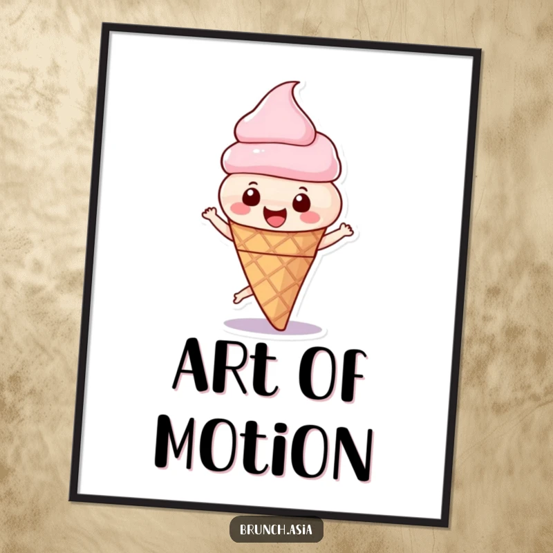 Funny ice cream cone character in a dynamic spin, offered as printable digital art for instant joy.