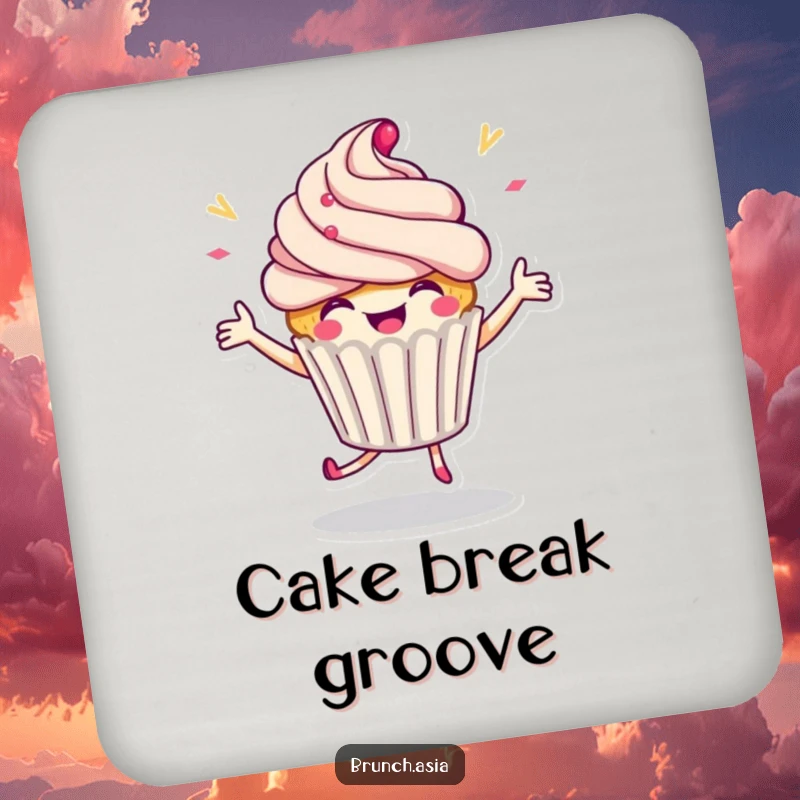 Funny cupcake character dancing on a drink coaster, adding a festive touch to any surface.