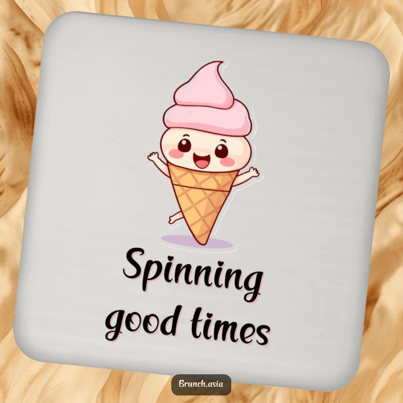 Funny ice cream cone character spinning happily on a drink coaster, adding fun to any surface.