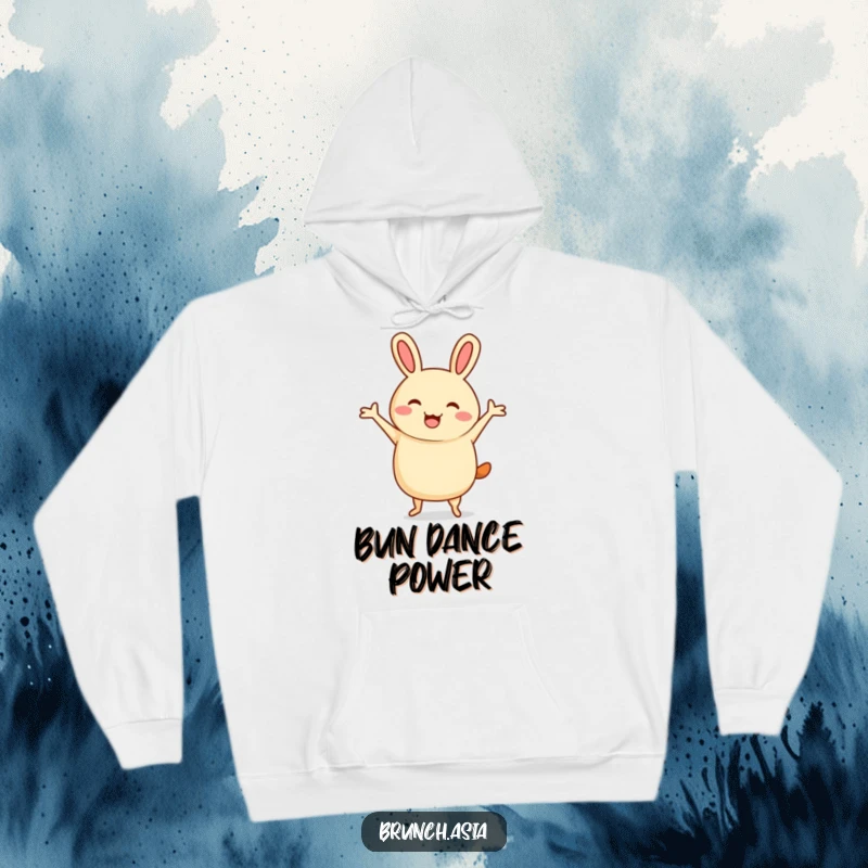 Funny bao bun character doing a cheerful jig on a cozy hoodie, perfect for comfort and fun.