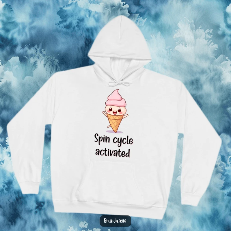 Funny ice cream cone character mid-spin on a cozy hoodie, expressing boundless happiness and a playful, energetic vibe.