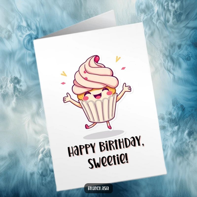 Funny Free Printable Birthday Card: A happy cupcake character doing a lively celebratory dance, spreading birthday cheer.