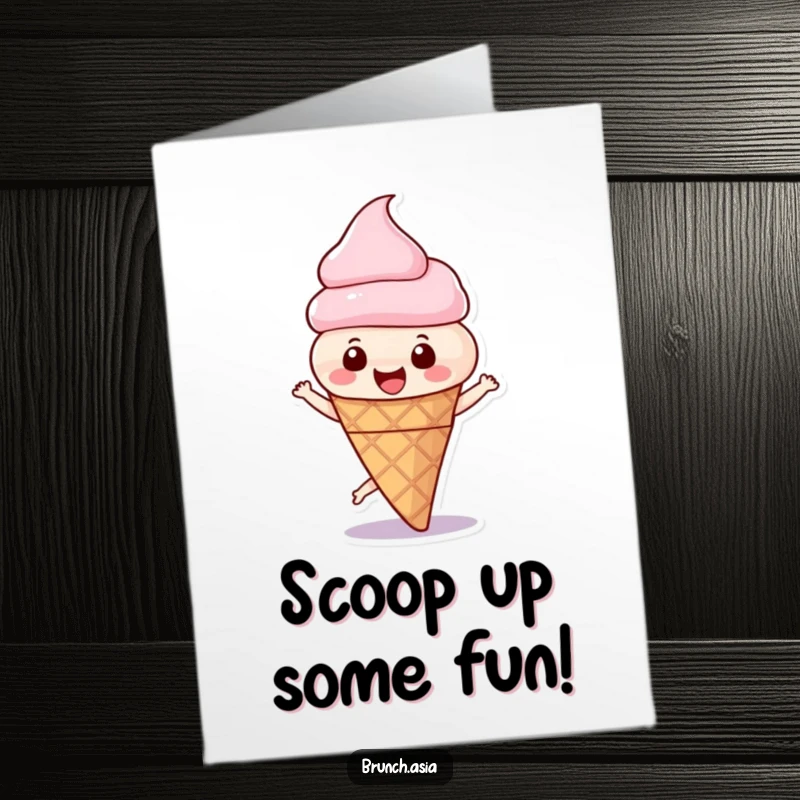 Funny Free Printable Birthday Card: A beaming ice cream cone character joyfully spinning with delight, perfect for a sweet celebration.