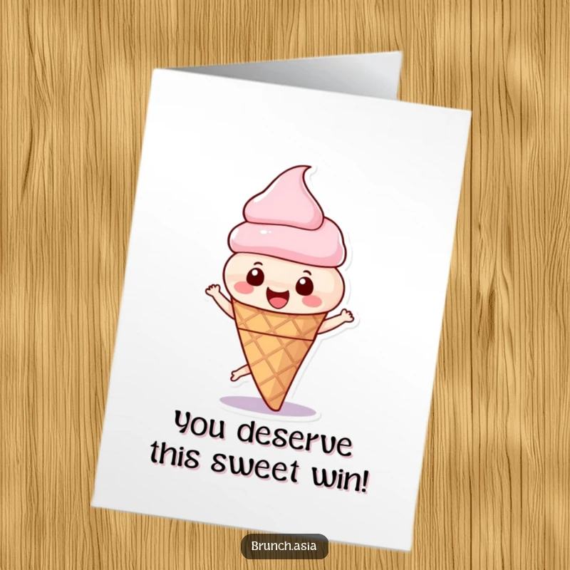 Funny Free Printable Congratulations Card: A beaming ice cream cone character doing a happy spin to celebrate a wonderful achievement.