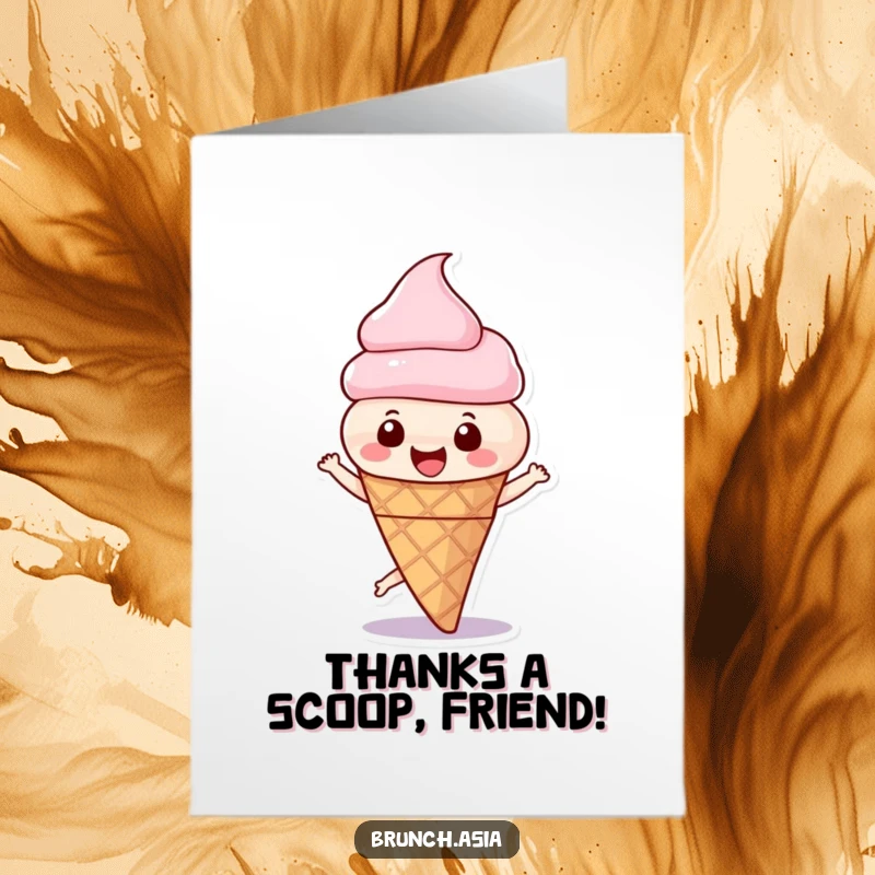 Funny Free Printable Thank You Card: A beaming ice cream cone character captured mid-spin, conveying joyful appreciation and thanks.