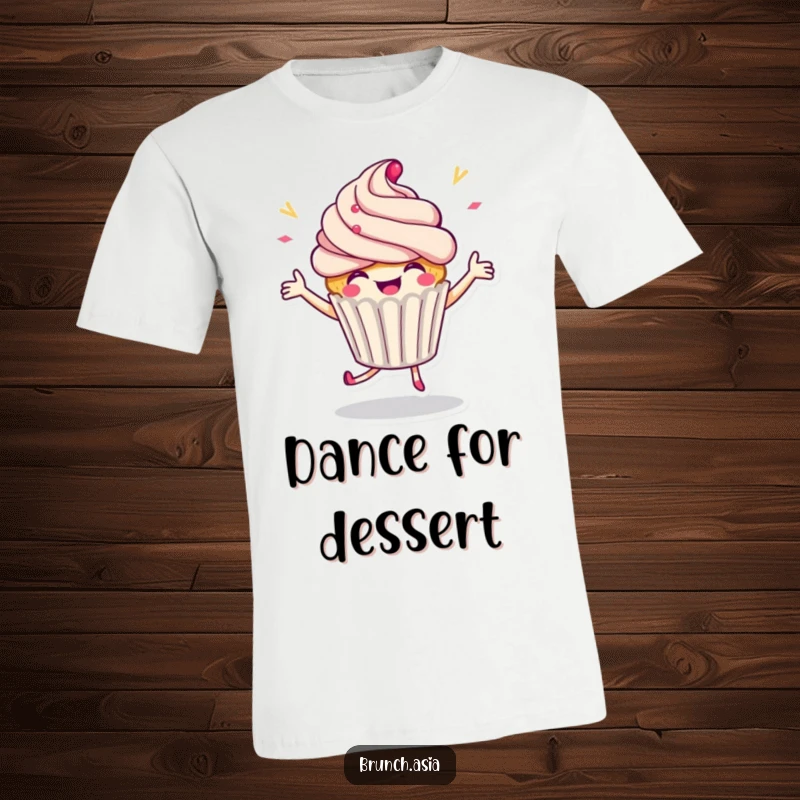 Funny cupcake character captured mid-dance on a t-shirt, symbolizing celebration and happiness.