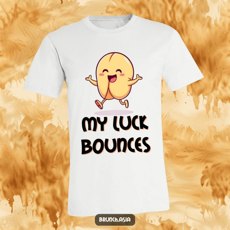 Funny fortune cookie character captured mid-hop on a t-shirt, symbolizing luck, joy, and playful energy.